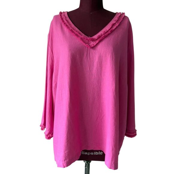 NEW Chico’s Fray Trim Easy Top blouse size 4 US XXL Pink Daisy 3/4 sleeve linen - Picture 2 of 13